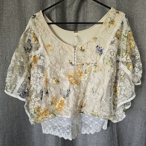 Free People Chrissy Floral Mesh Lace Dolman Top Size S